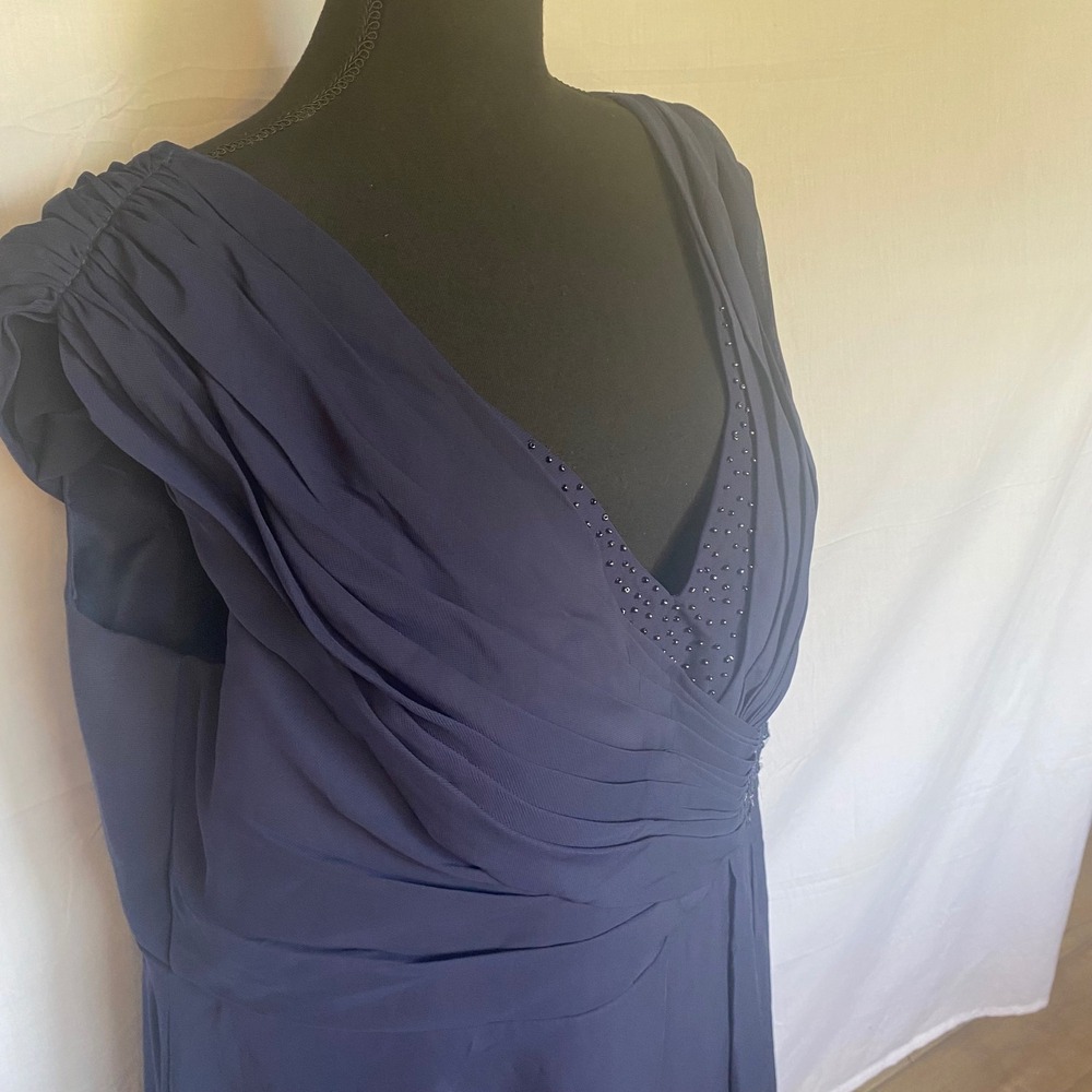 Navy Blue Beaded V Neck Cap Sleeve Chiffon Gown Evening Dress‎ - Picture 2 of 6